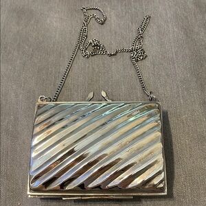 Silver Metallic Box Bag  with Chain Strap, Shoulder Bag, Blue Lining, Kiss lock